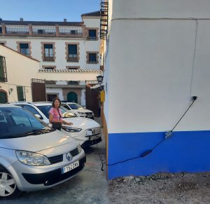 Hotel car park using Granny Charger electric charging cable.